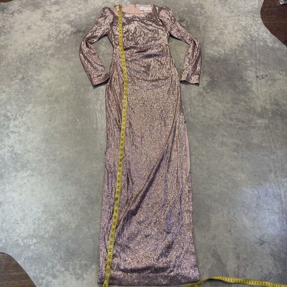 Rachel Zoe Dress Womens 2 Sequin Bellini Pink Long Sleeve Maxi Side Slit Evening - Picture 5 of 14